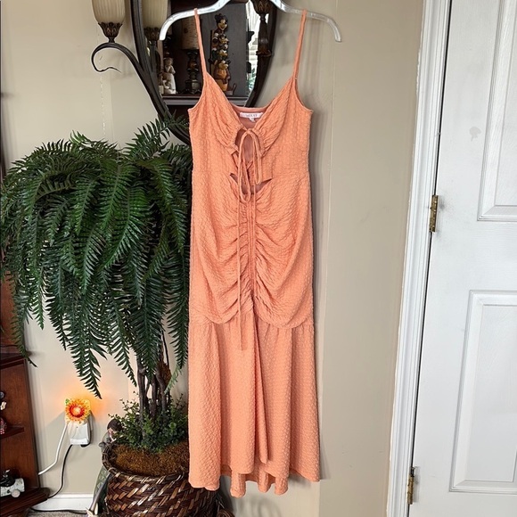 NWOT WAYF Iris Ruffle Hem Midi Dress Orange Ruched Lace Up Cutouts Bodycon Sexy - Picture 3 of 16